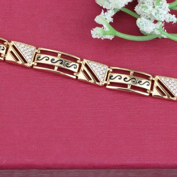 "Rose Gold Geometric Link Bracelet with Black and Crystal Accents, XPBL0810 - Picture 2 of 12